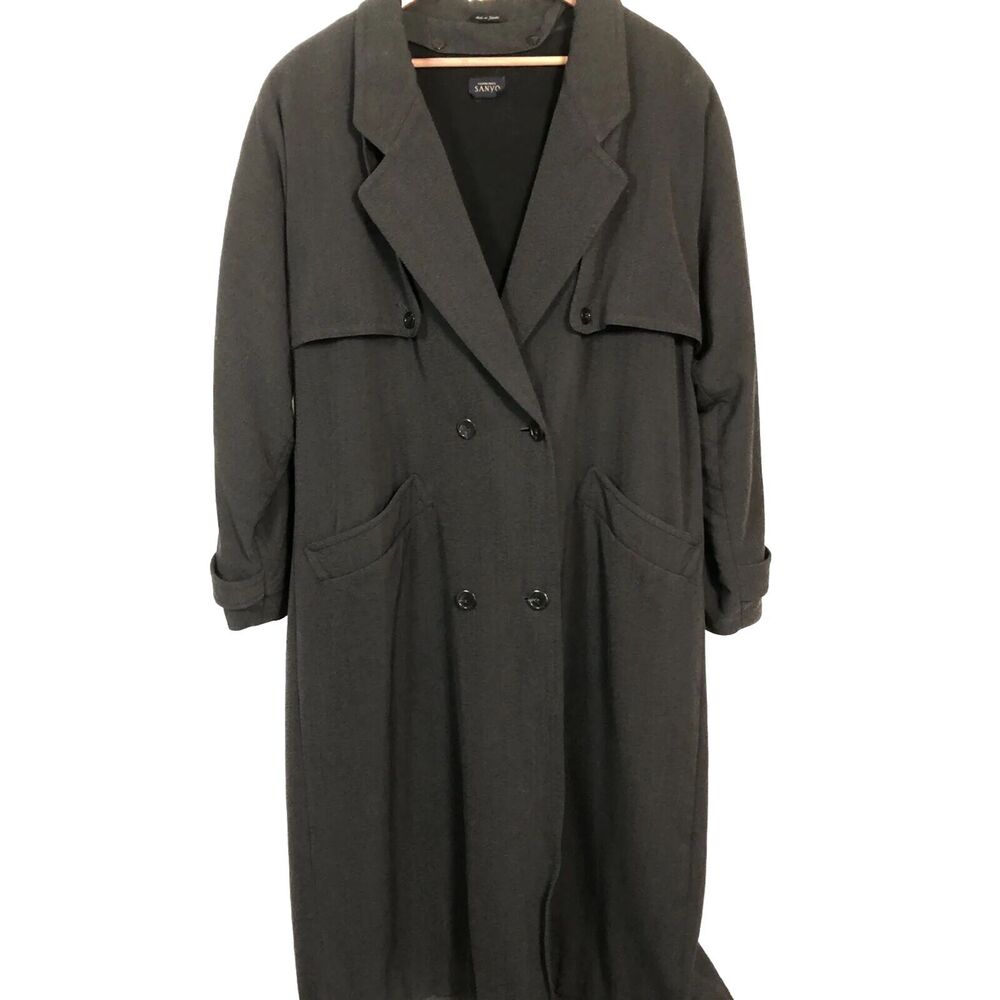 Vintage Sanyo Womens Twill Wool Trench Coat Style Overcoat Size 14 Classic Gray